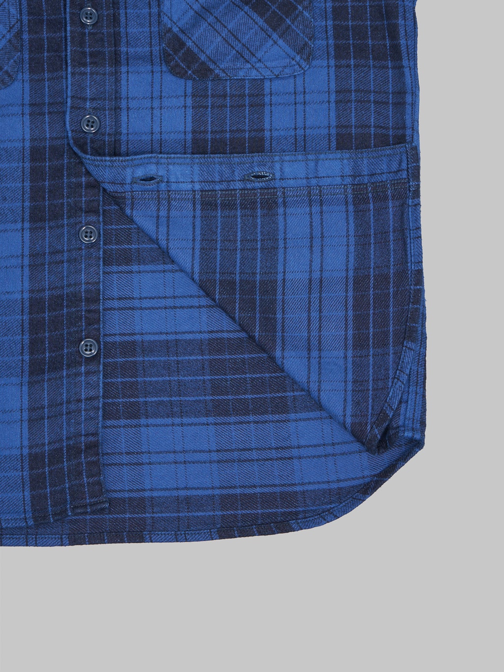Momotaro original indigo twill check flannel shirt weft texture