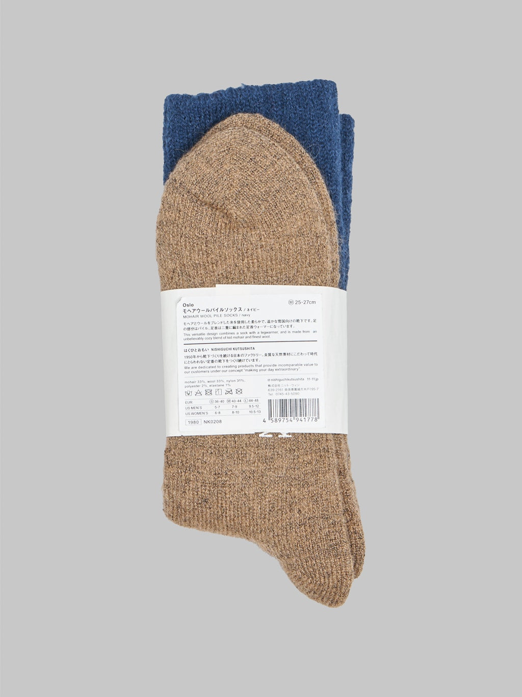 Nishiguchi Kutsushita Mohair Wool Pile Socks Navy Label Detail
