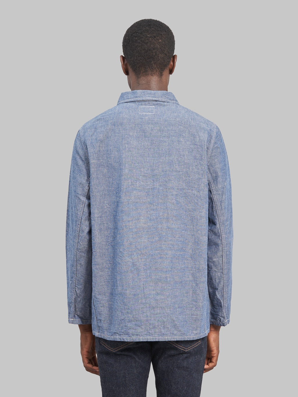 Oni denim heavy chambray blue gray coverall model back fit