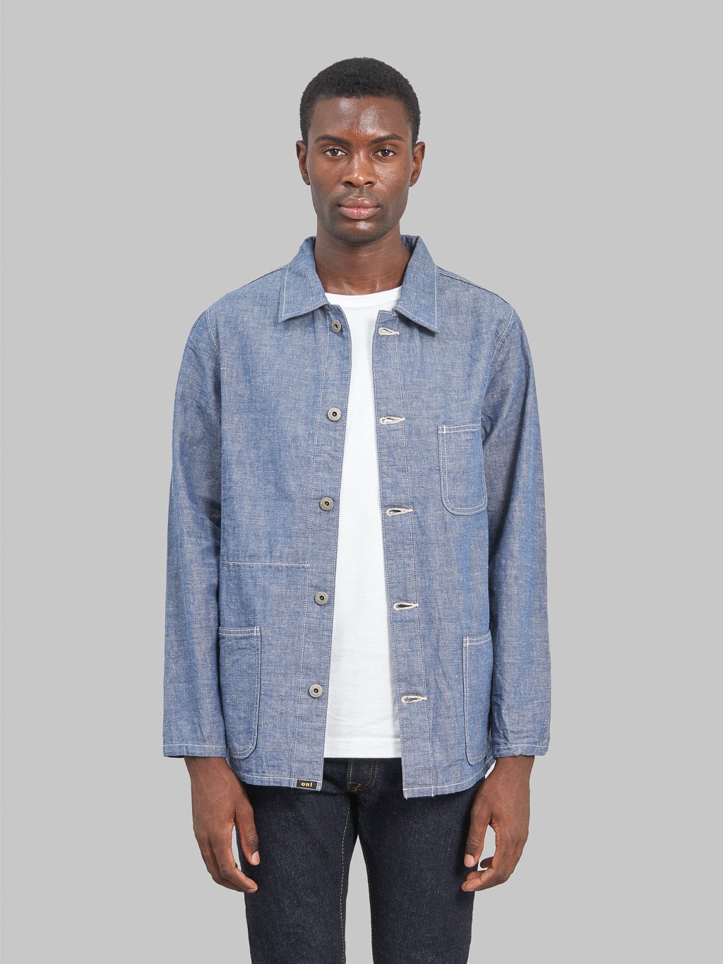 Oni denim heavy chambray blue gray coverall model front fit