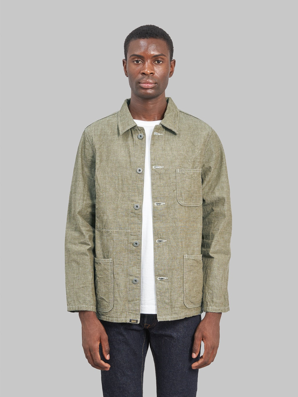 Oni denim heavy Chambray Khaki olive coverall model front fit