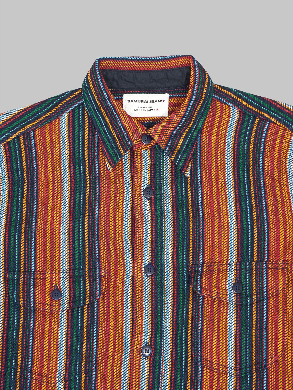 Samurai Jeans SIN23-02W Rope Dyed Indigo Orange Striped Heavy Flannel Work Shirt