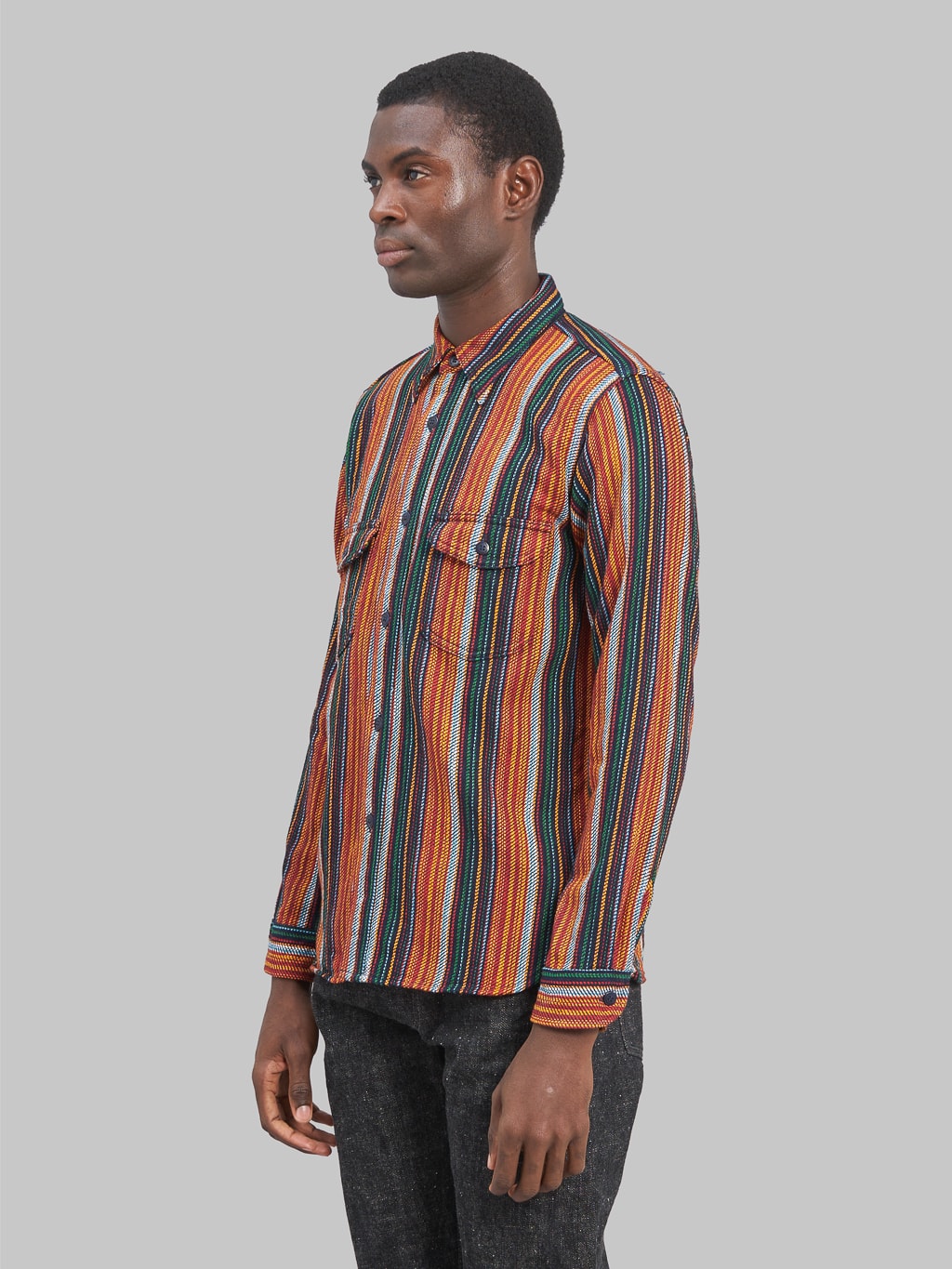 Samurai Jeans SIN23-02W Rope Dyed Indigo Orange Striped Heavy Flannel Work Shirt