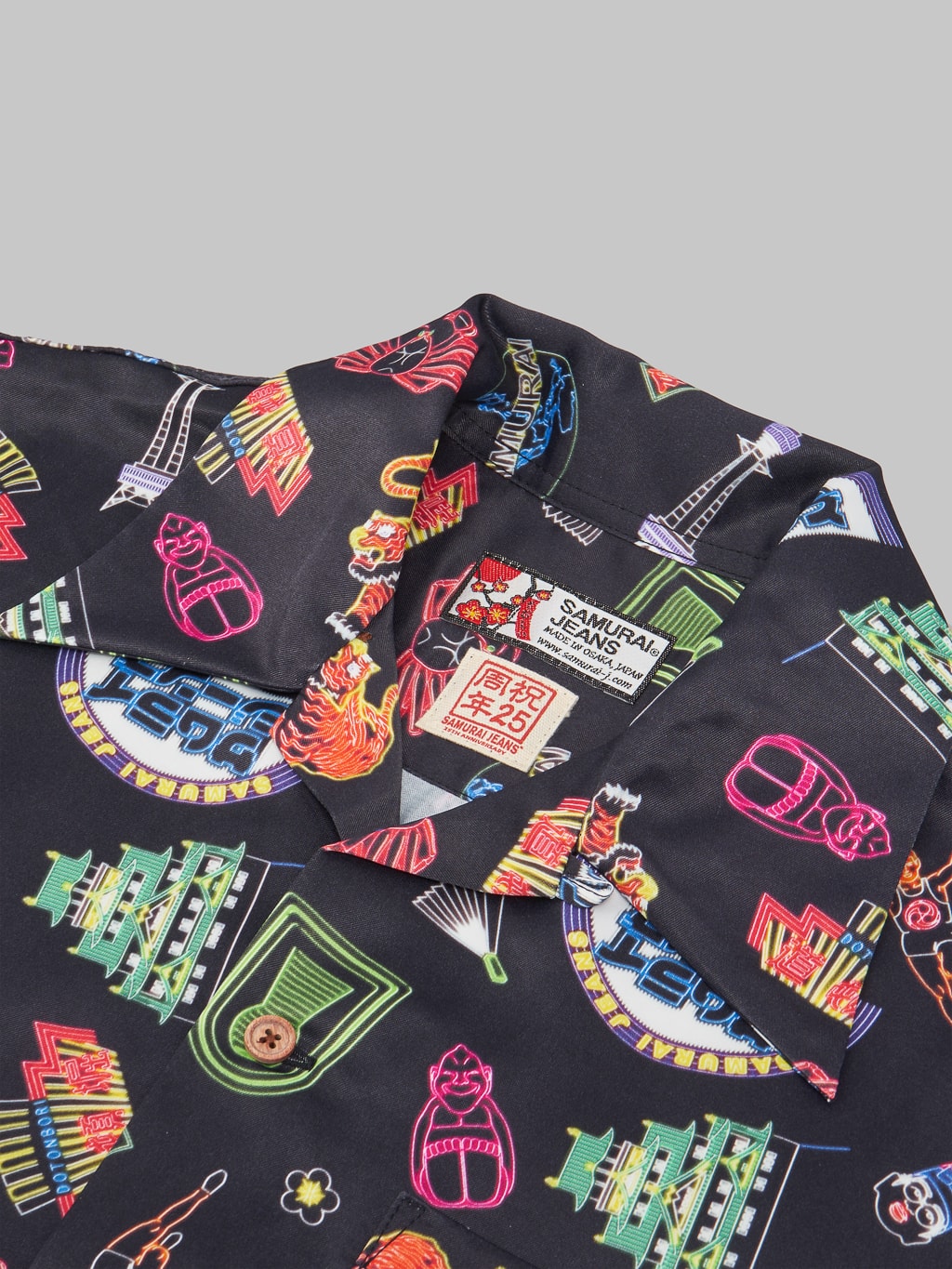 Samurai Jeans hawaiian shirt 25th osaka neon black open collar