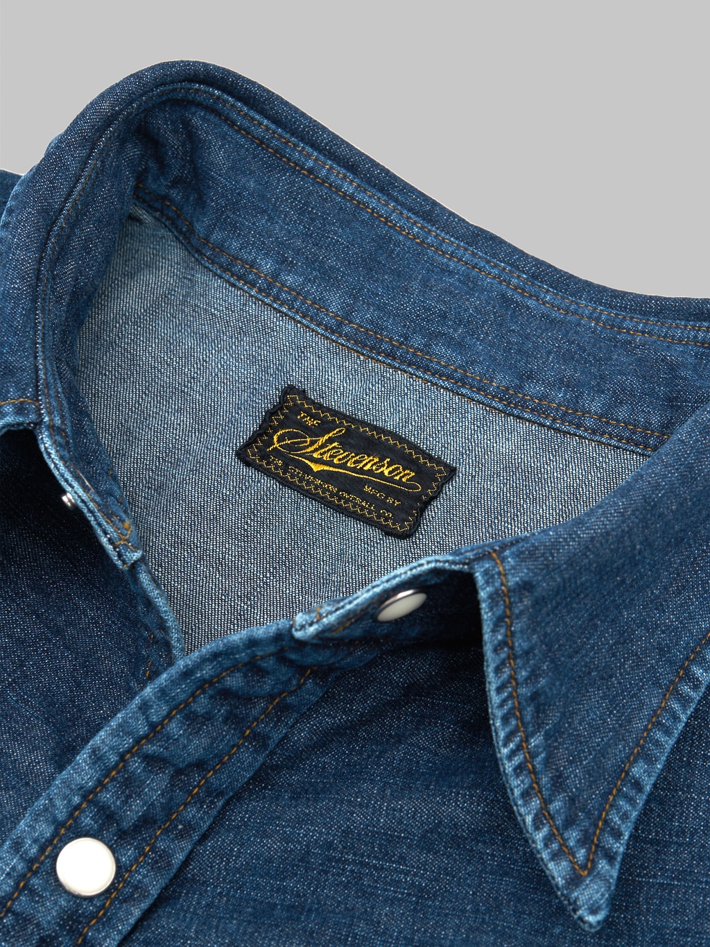Stevenson overall cody shirt faded indigo denim brand tag