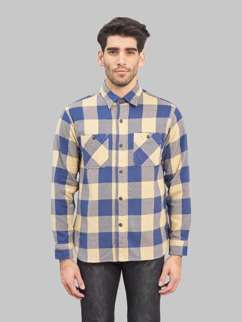 Sugar Cane Twill Check Flannel Shirt Beige front fit