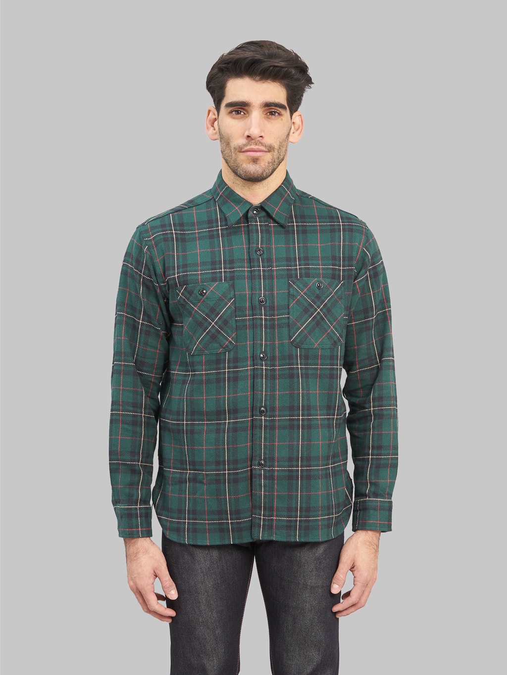 Sugar Cane Twill Check Flannel Shirt green model front  fit