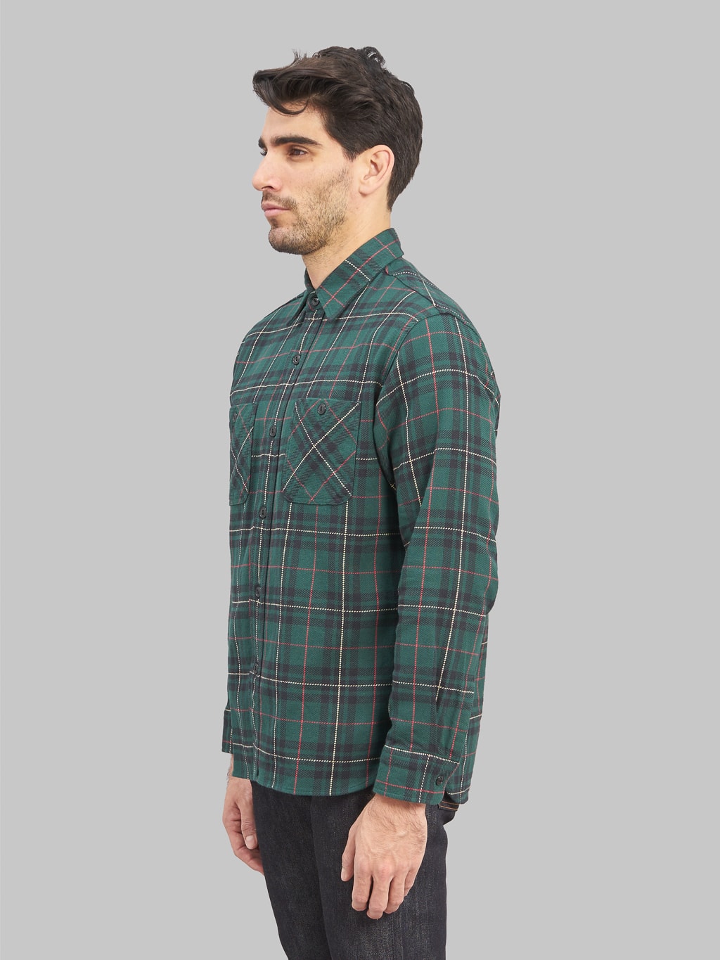 Sugar Cane Twill Check Flannel Shirt green side fit