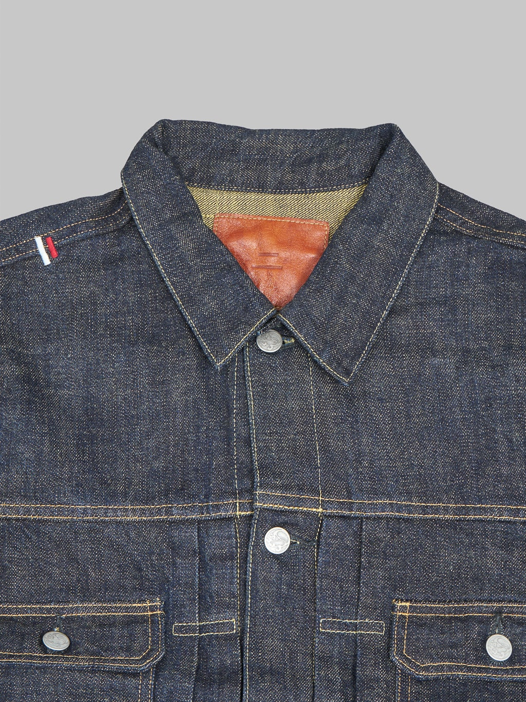 Tanuki soga selvedge denim type II jacket collar detail