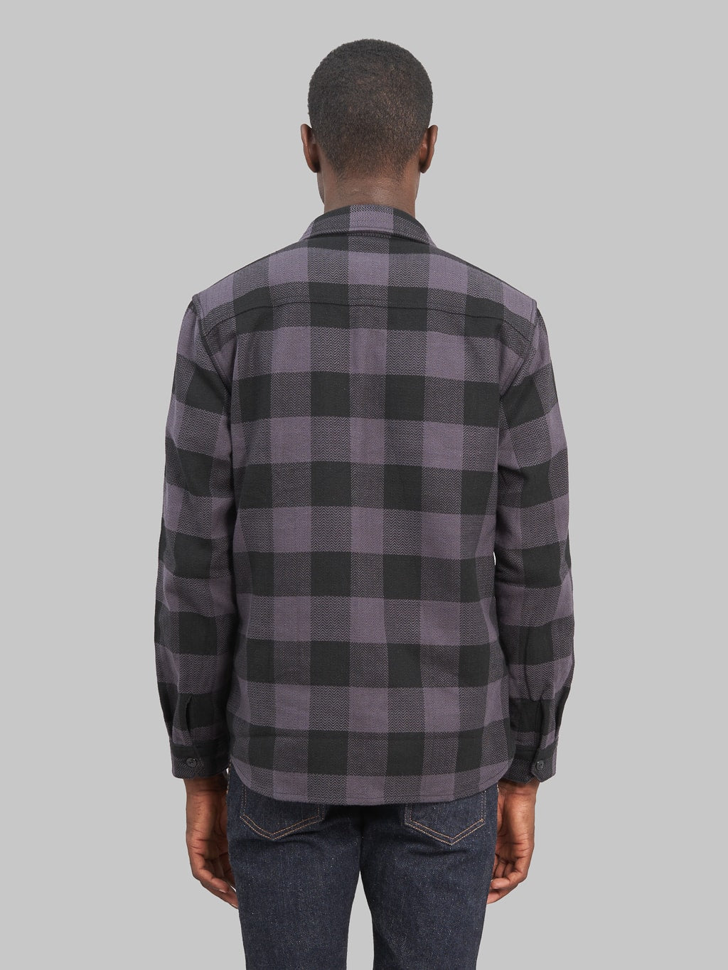 The Flat Head Block Check Flannel Shirt Grey model back fit