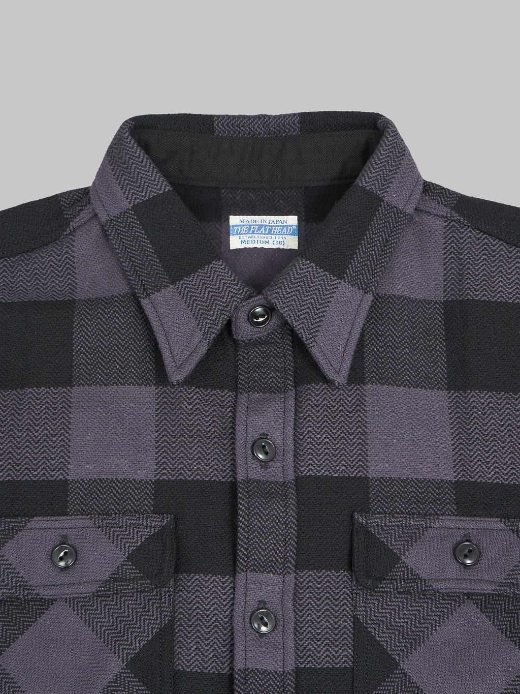 The Flat Head Block Check Flannel Shirt Grey collar detail