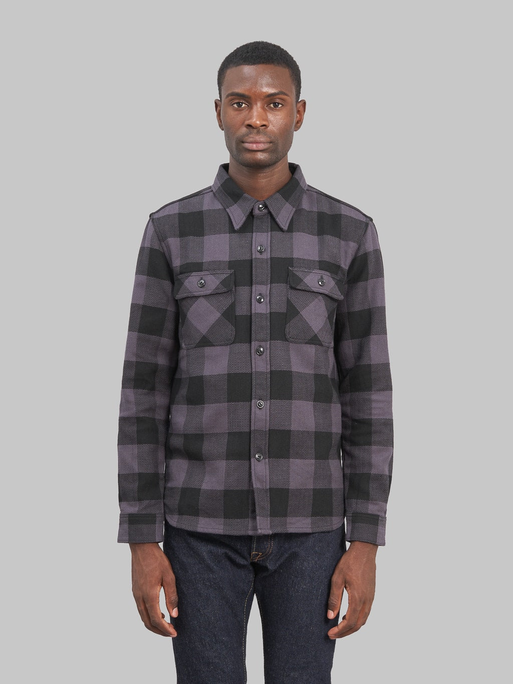 The Flat Head Block Check Flannel Shirt Grey model front fit