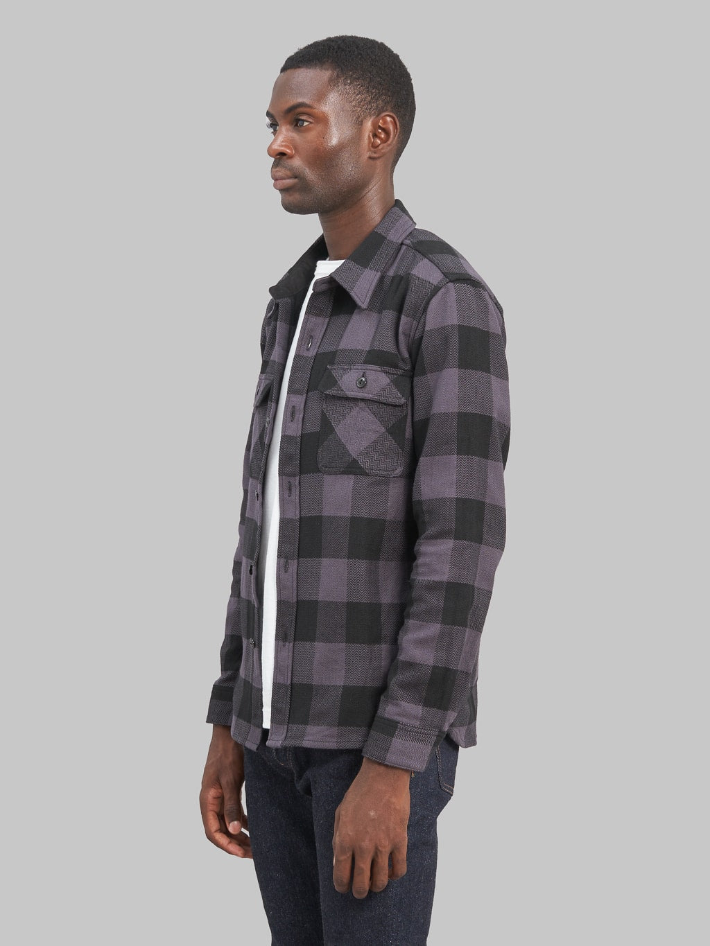 The Flat Head Block Check Flannel Shirt Grey model side fit