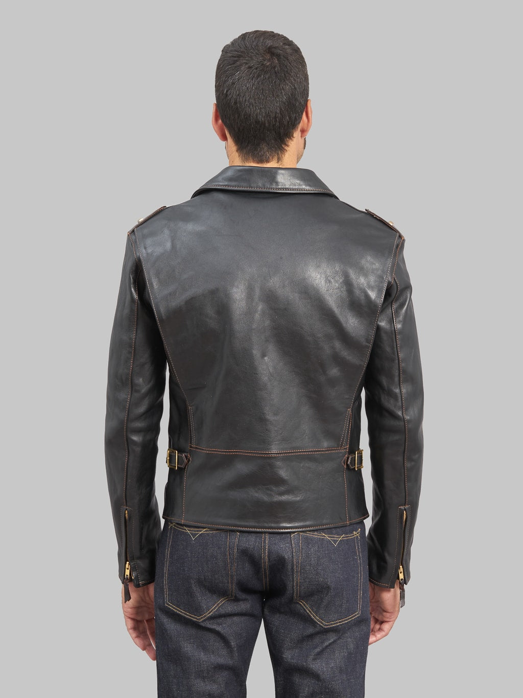 The Flat Head Horsehide Double Riders Jacket Black  back fit