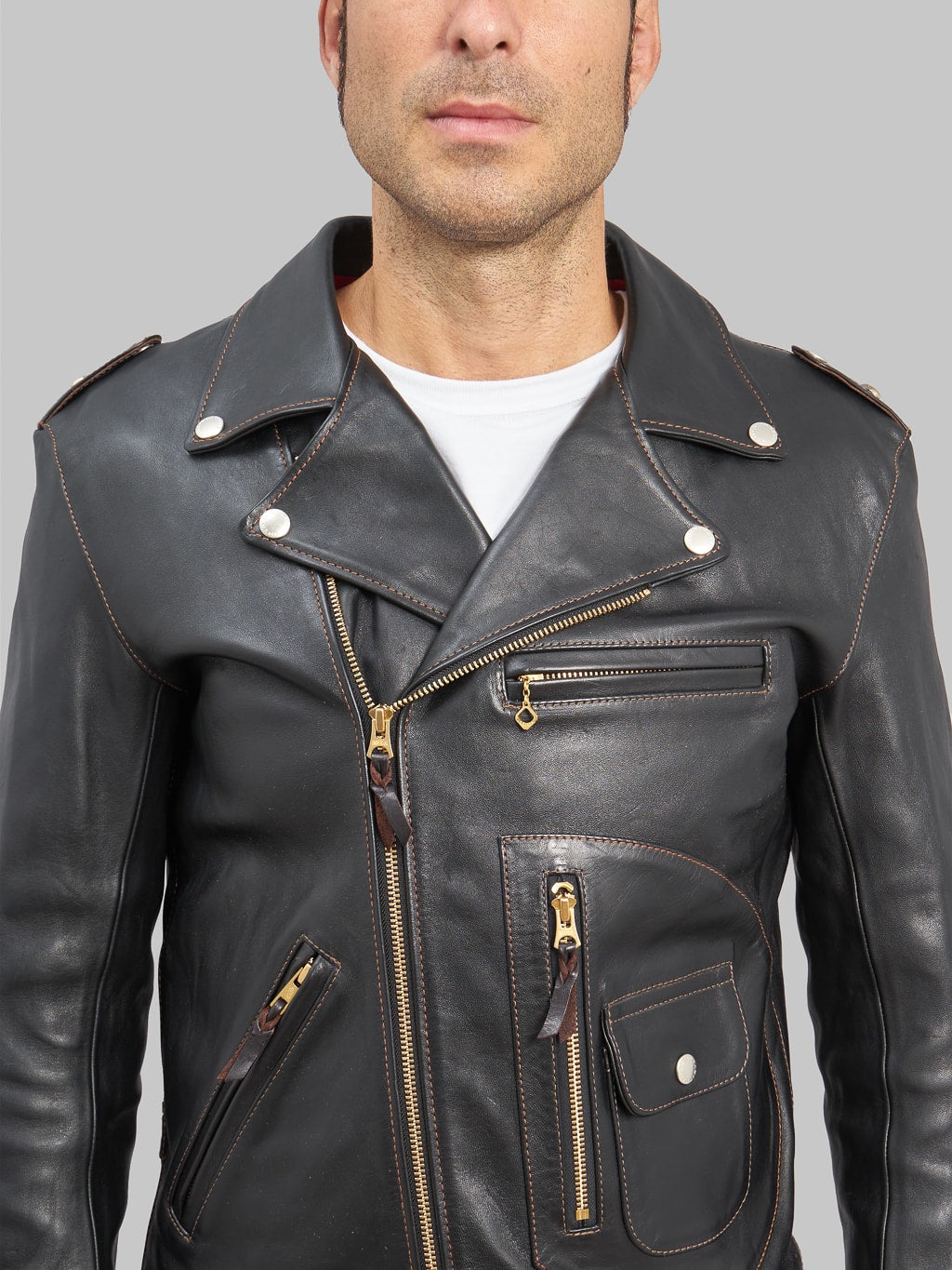 The Flat Head Horsehide Double Riders Jacket Black details