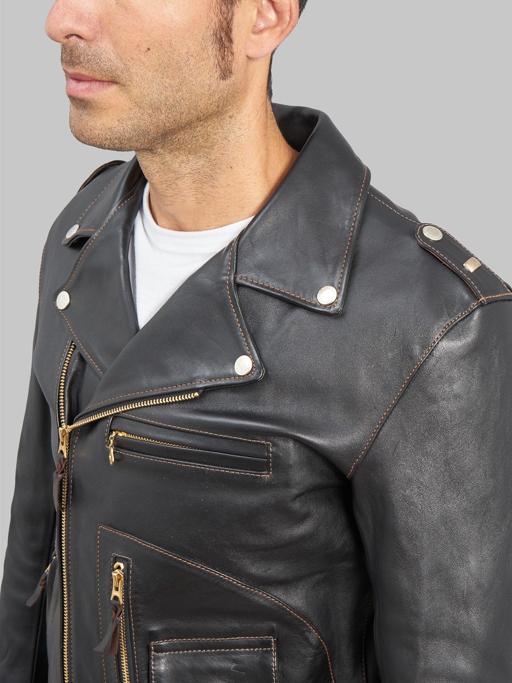 The Flat Head Horsehide Double Riders Jacket Black extra oil