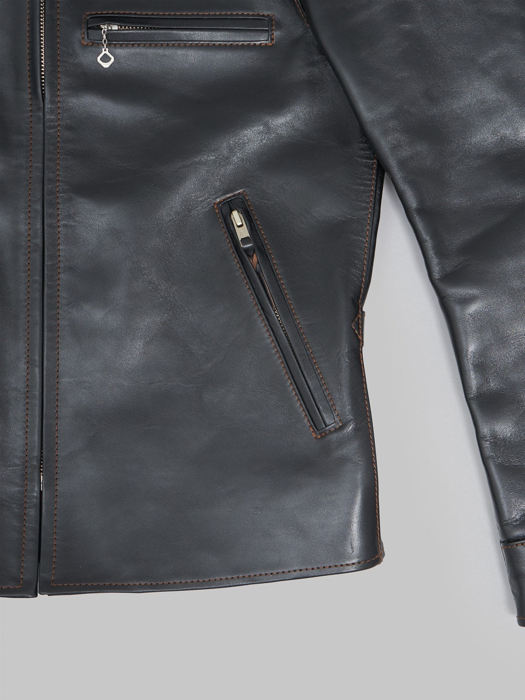 The Flat Head Horsehide leather Single Riders Jacket Black Semi Aniline  pocket