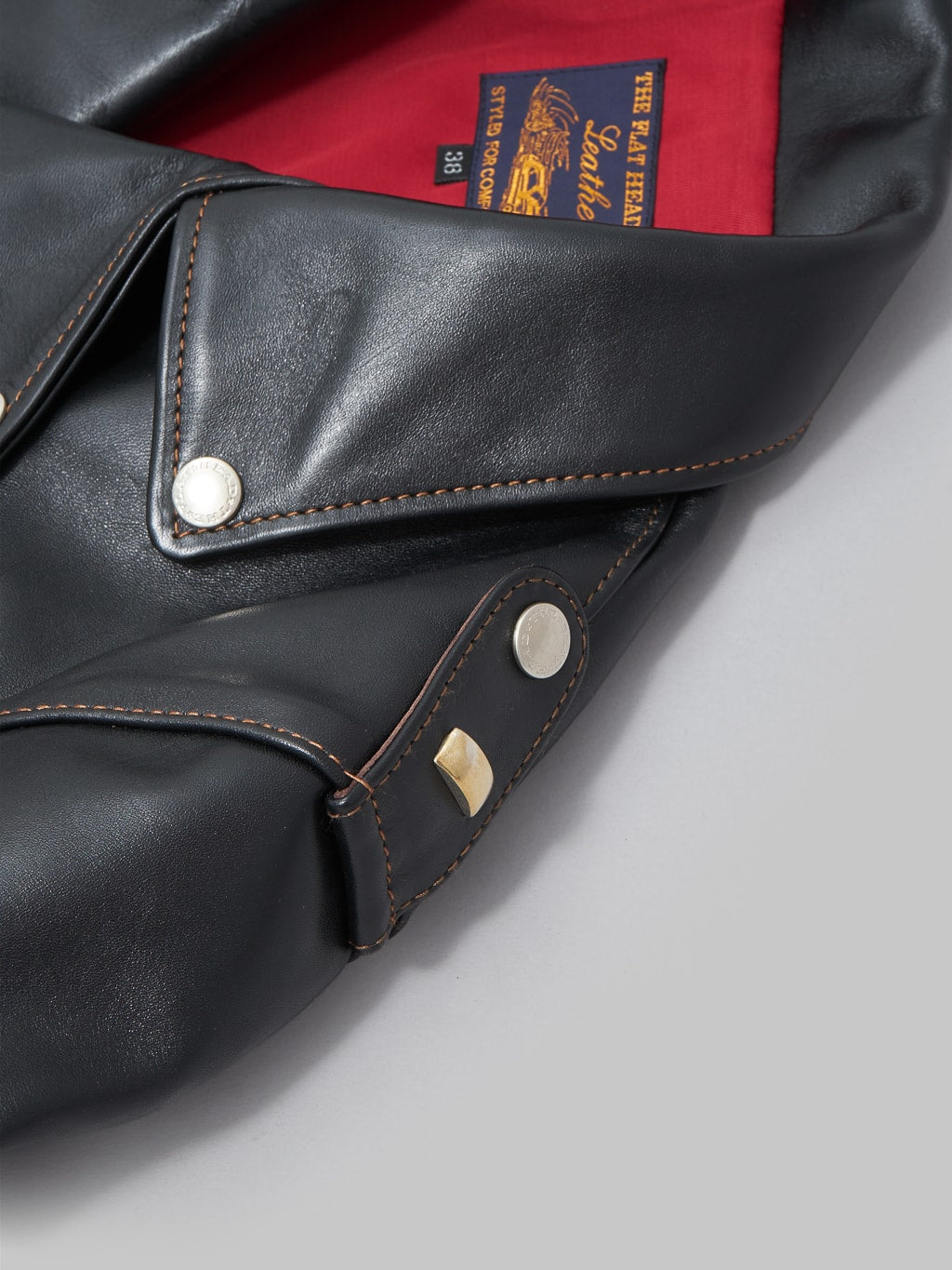 The Flat Head Horsehide leather double Riders Jacket Black Semi Aniline closeup