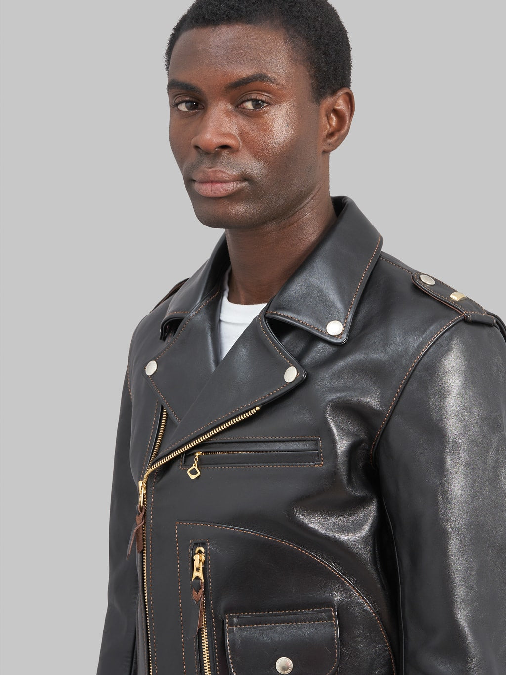 The Flat Head Horsehide leather double Riders Jacket Black Semi Aniline chest