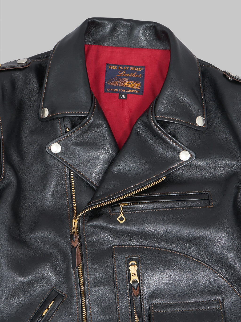 The Flat Head Horsehide leather double Riders Jacket Black Semi Aniline collar