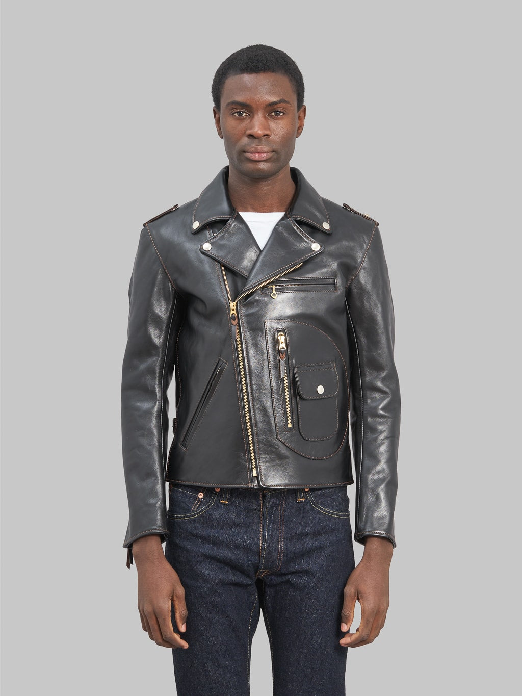 The Flat Head Horsehide leather double Riders Jacket Black Semi Aniline fit
