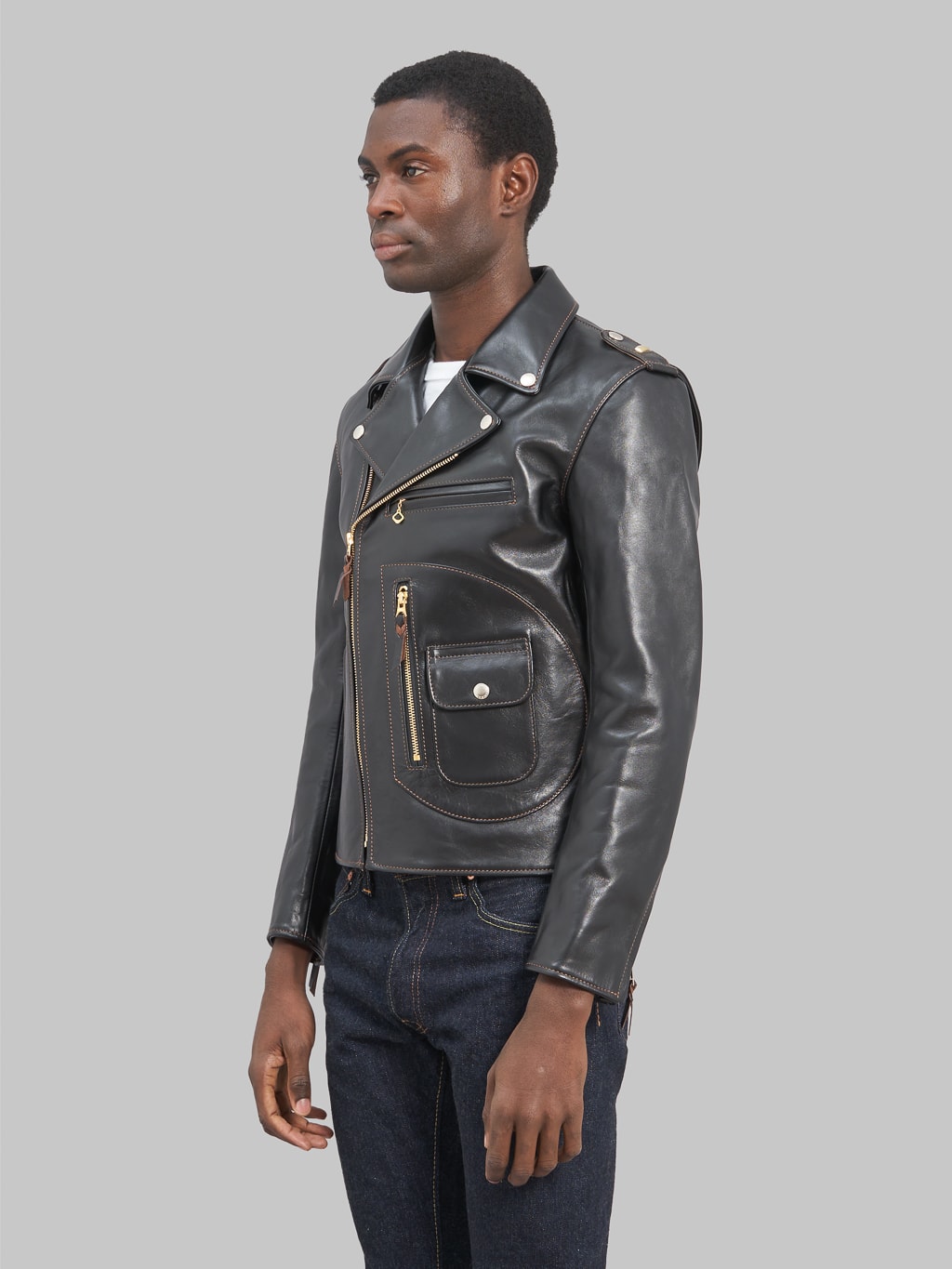 The Flat Head Horsehide leather double Riders Jacket Black Semi Aniline side