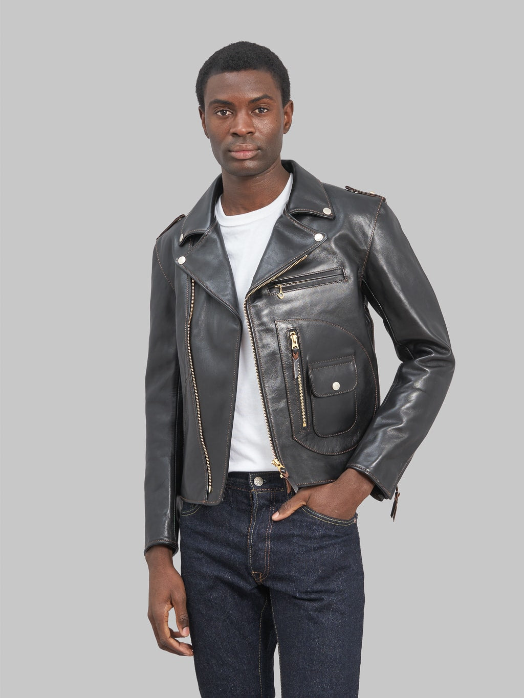 The Flat Head Horsehide leather double Riders Jacket Black Semi Aniline style