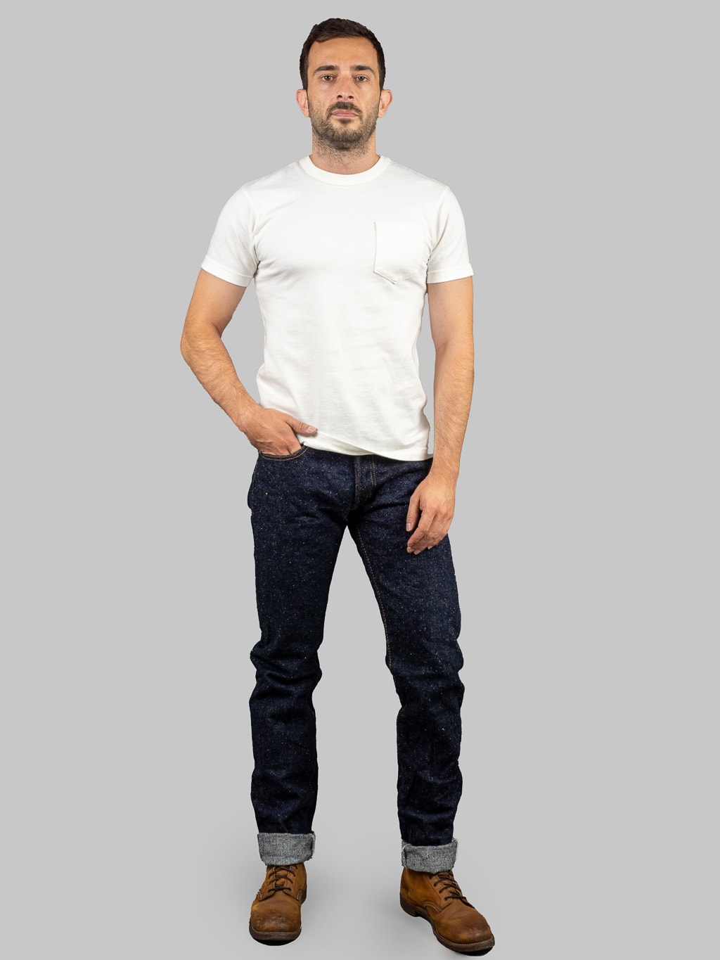 The Strike Gold Keep Earth Natural Indigo Jeans model front fit