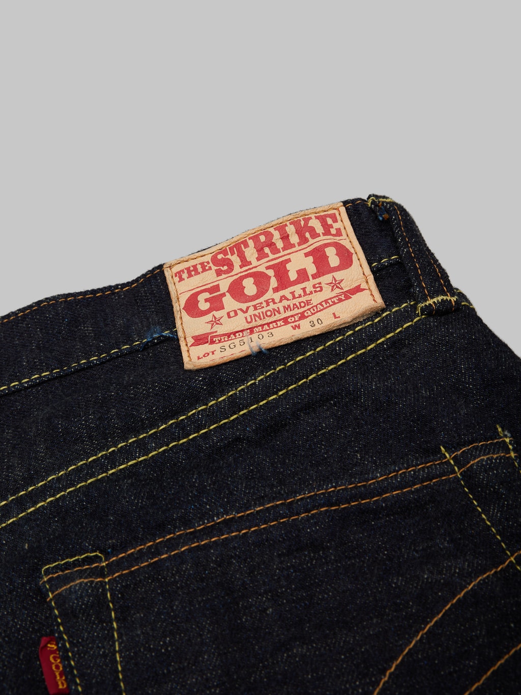 The Strike Gold 5103 Slub regular Straight Jeans deerskin leather patch