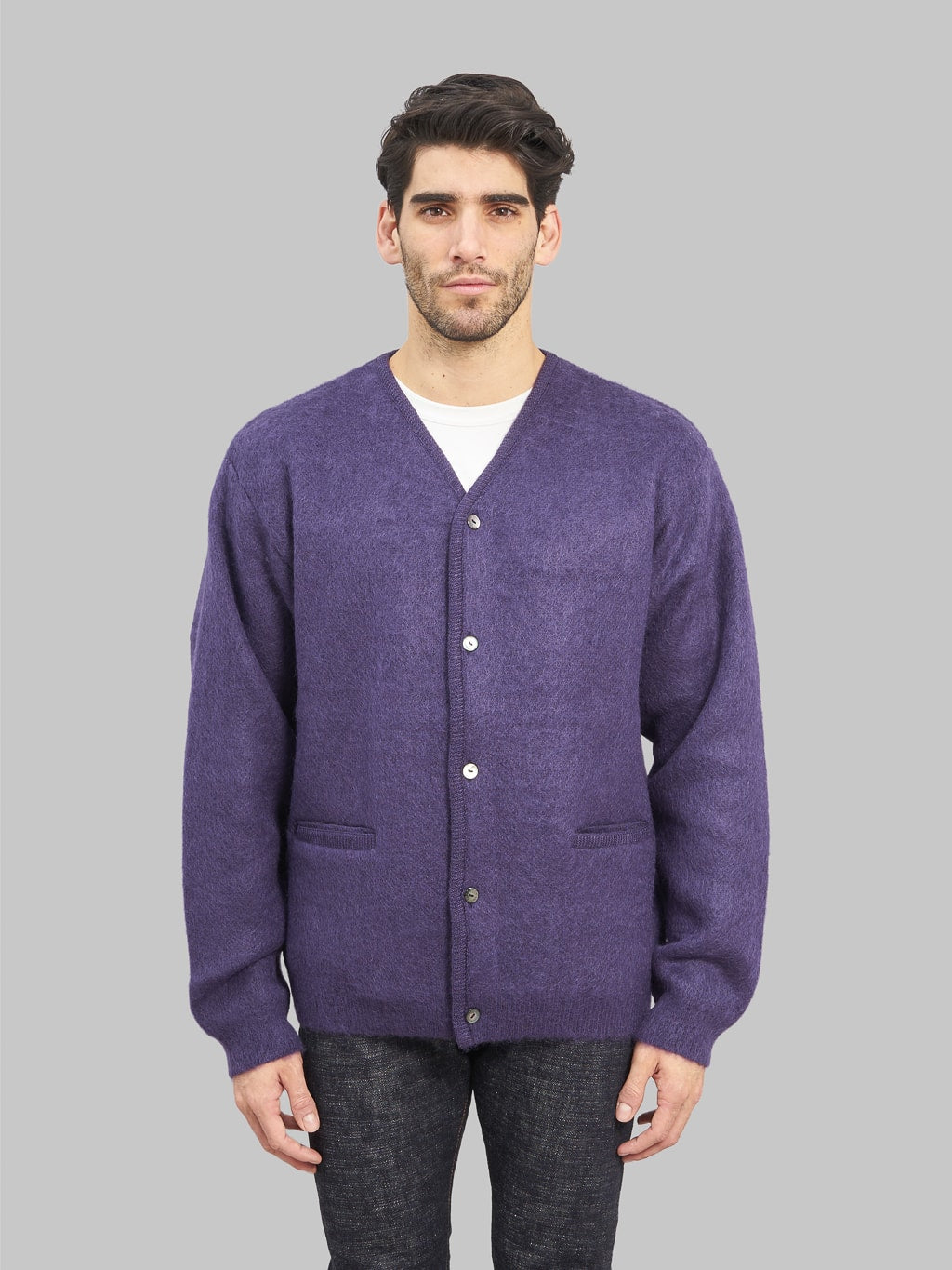 Trophy Clothing Mohair Knit Cardigan Dark Purple model front fit
