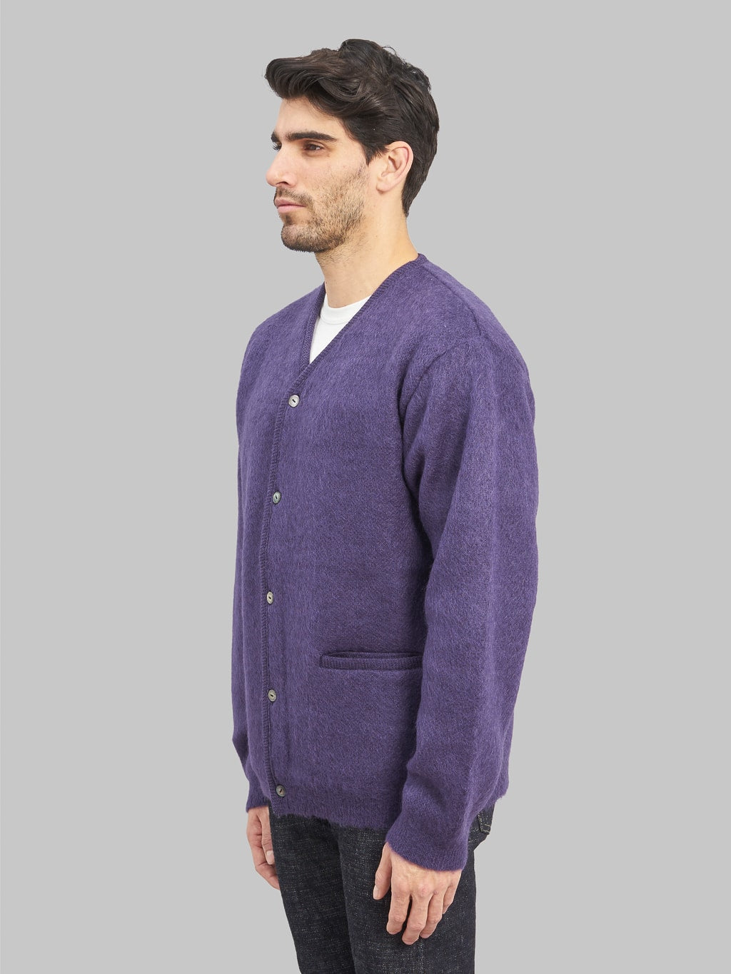 Trophy Clothing Mohair Knit Cardigan Dark Purple model side fit