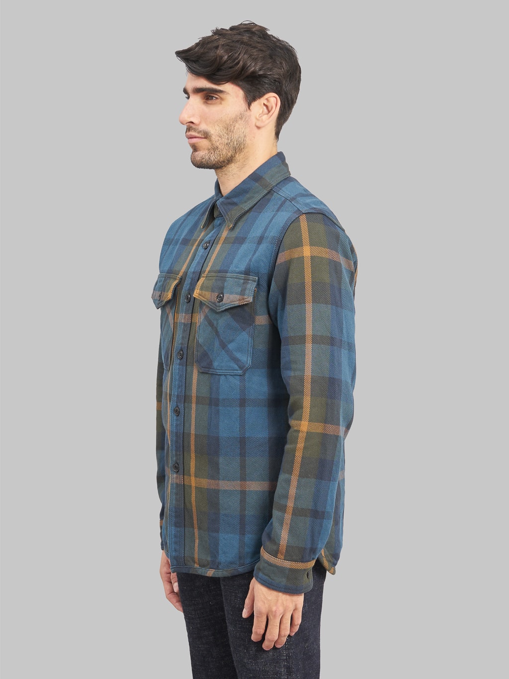 UES Extra Heavy Flannel Shirt Blue model side fit