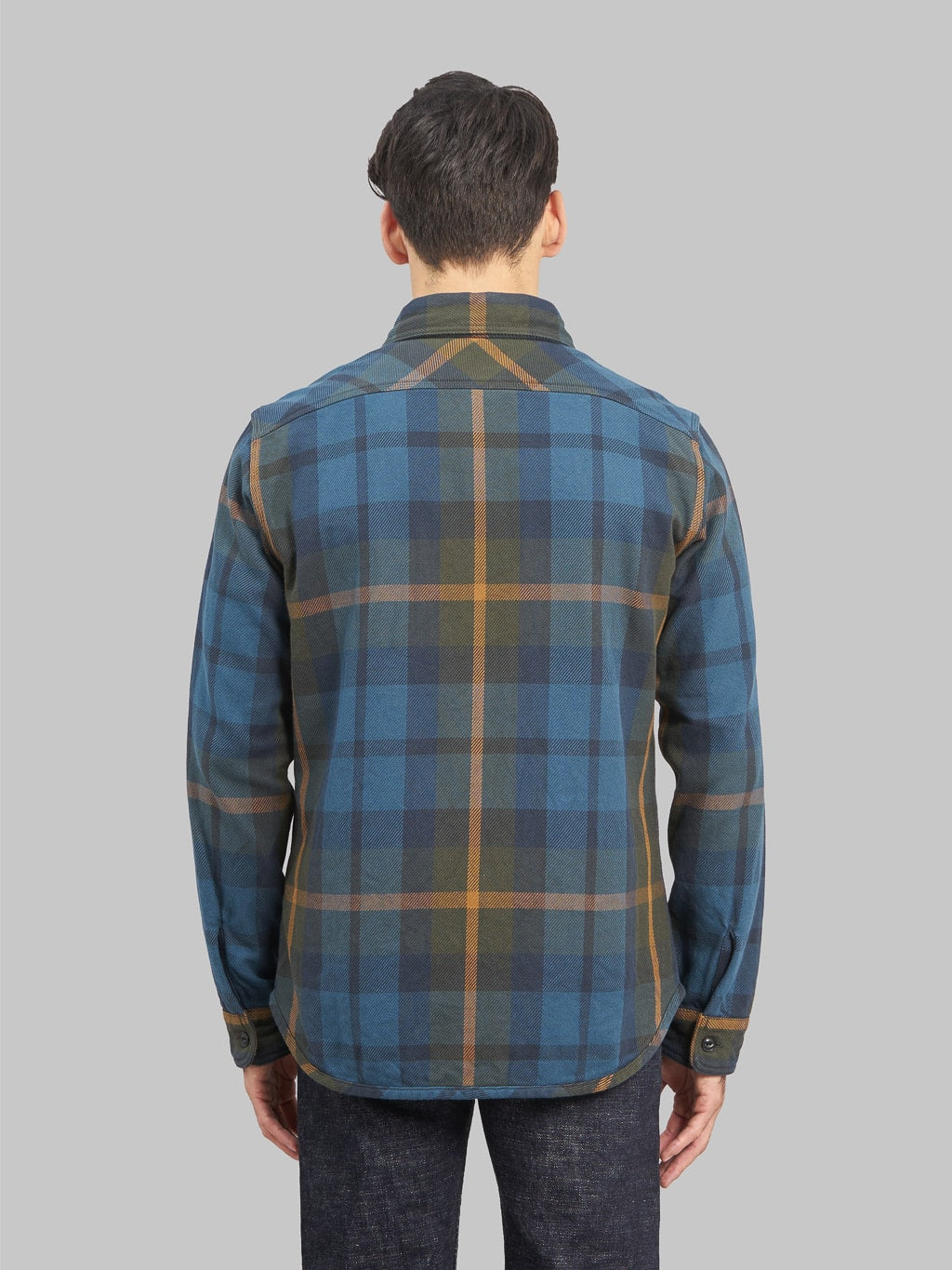 UES Extra Heavy Flannel Shirt Blue model back fit