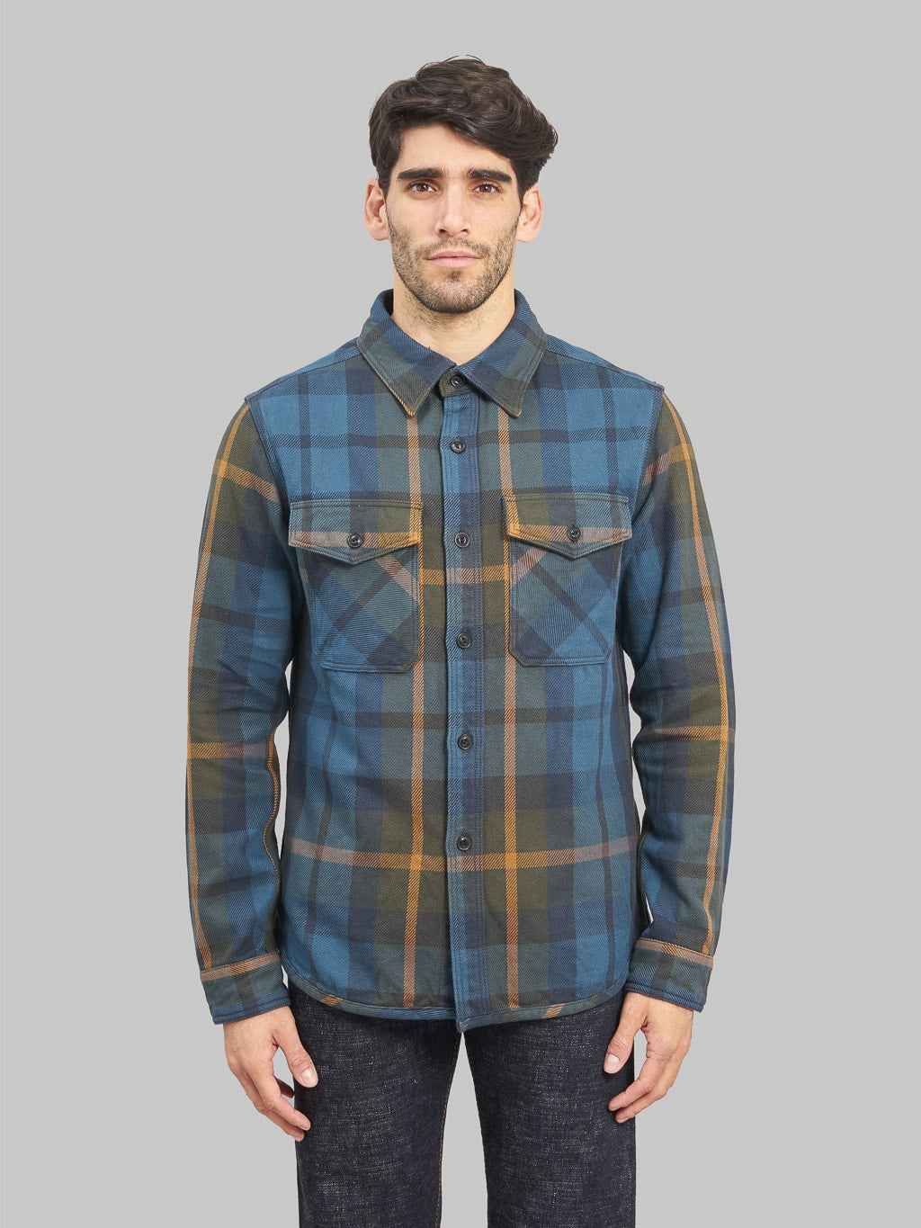 UES Extra Heavy Flannel Shirt Blue model front fit