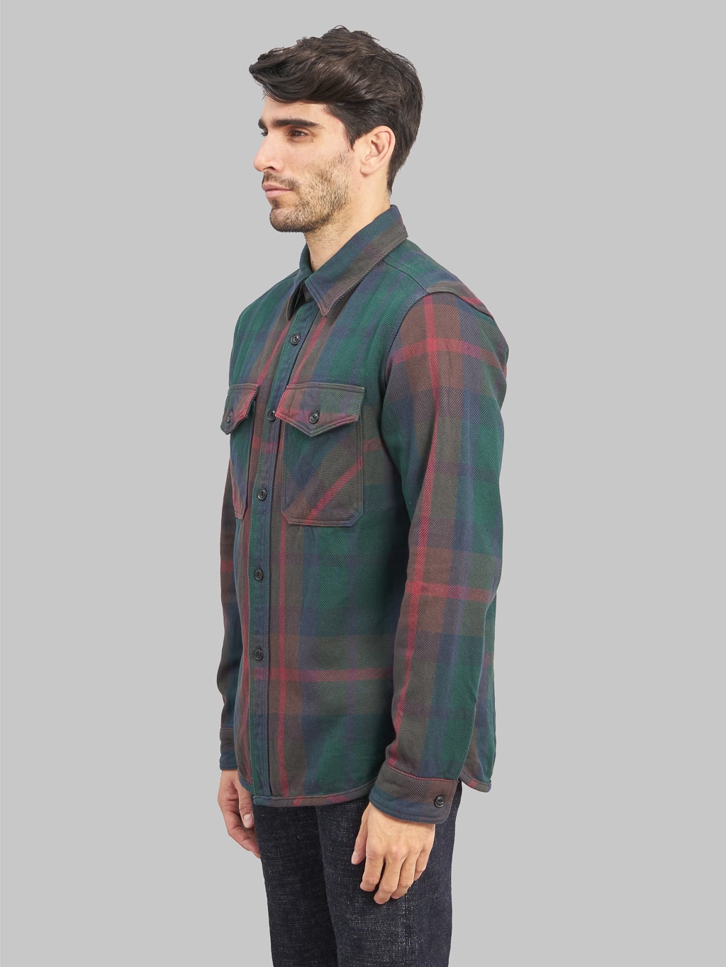 UES Extra Heavy Flannel Shirt green model side fit