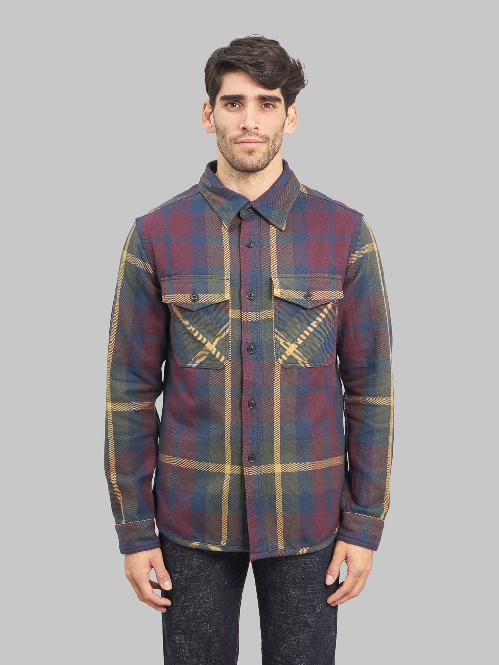 UES Extra Heavy Flannel Shirt wine model front fit