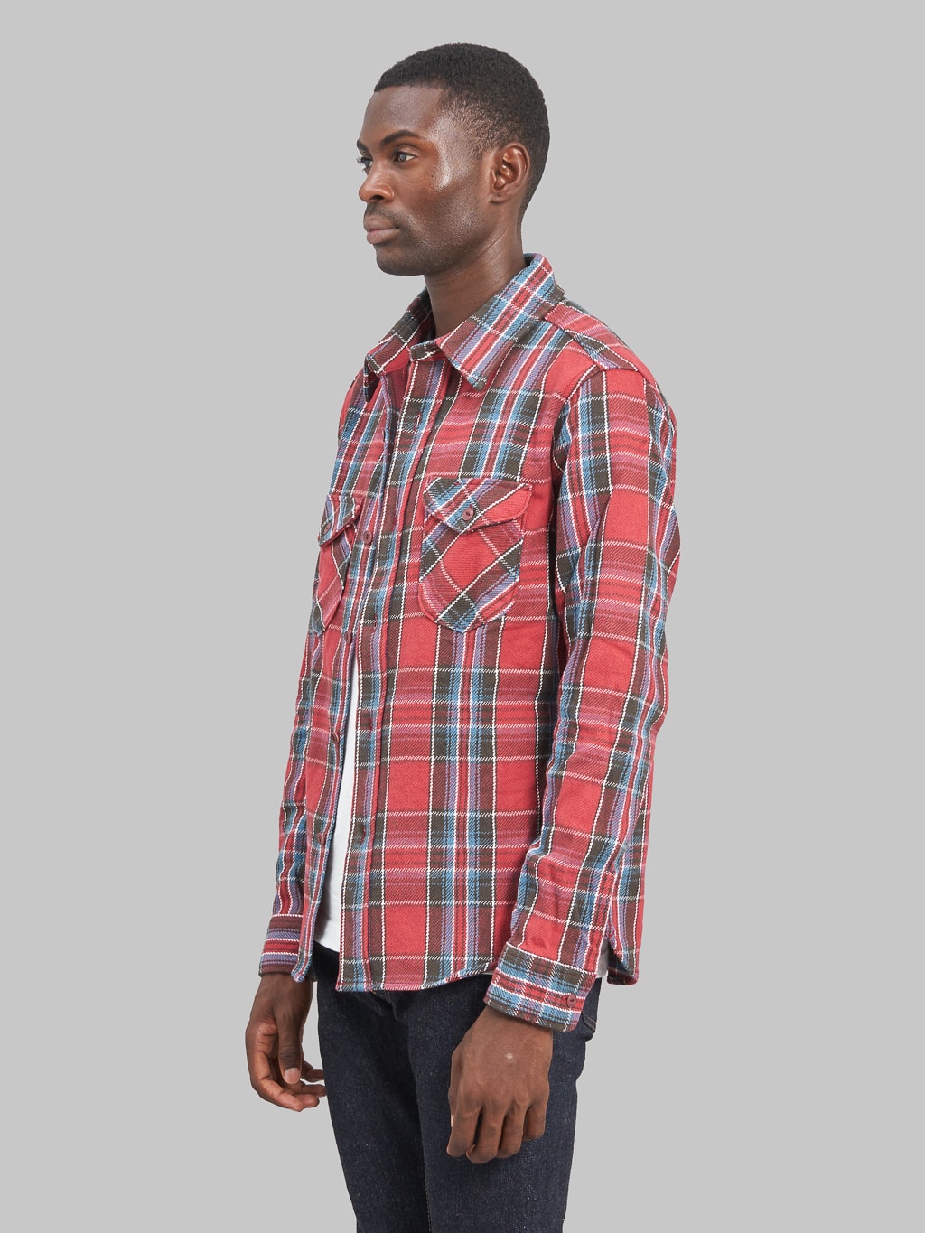 UES Heavy Flannel Shirt Red model side view