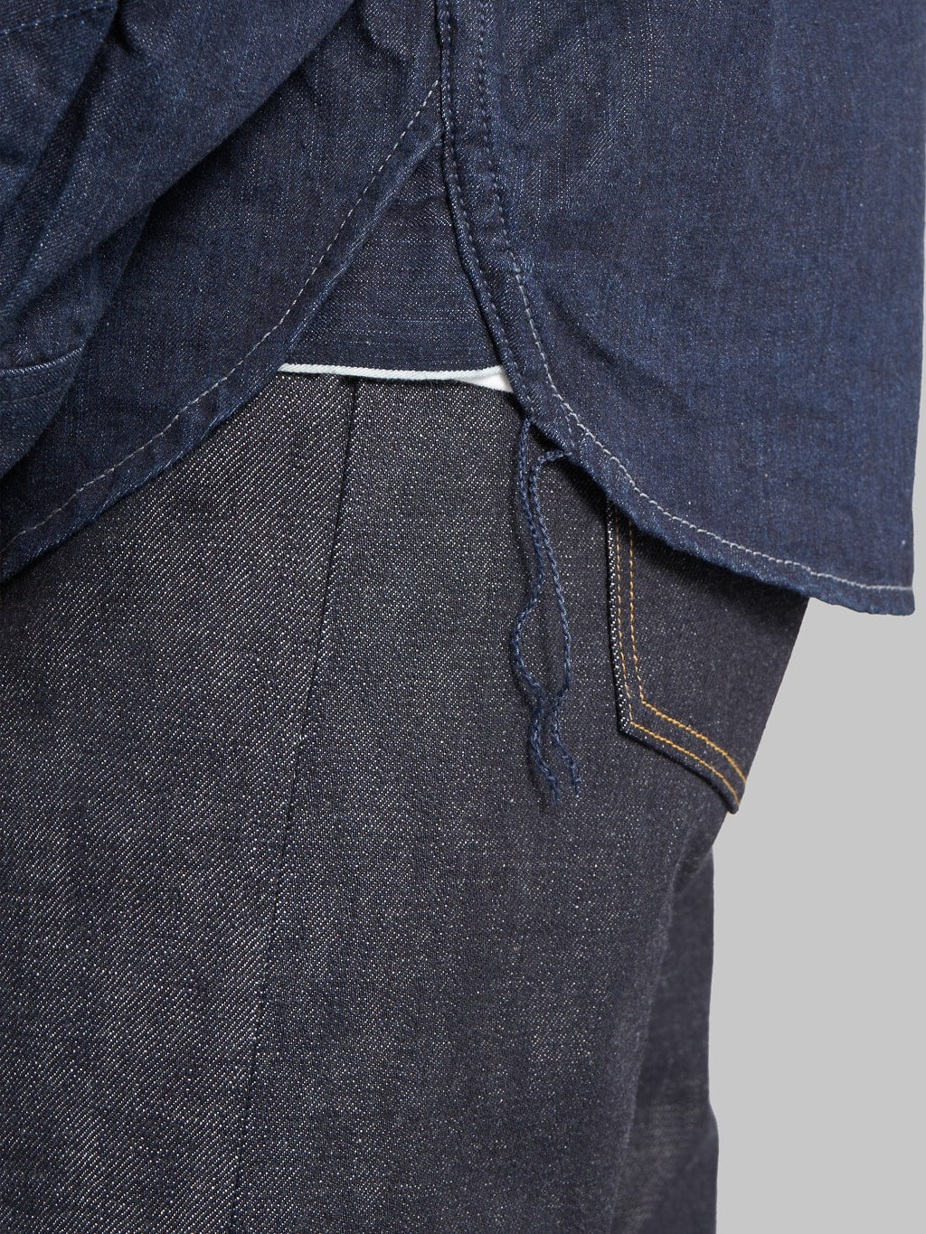 Ues Traveling Shirt Indigo selvedge denim chain stitching detail