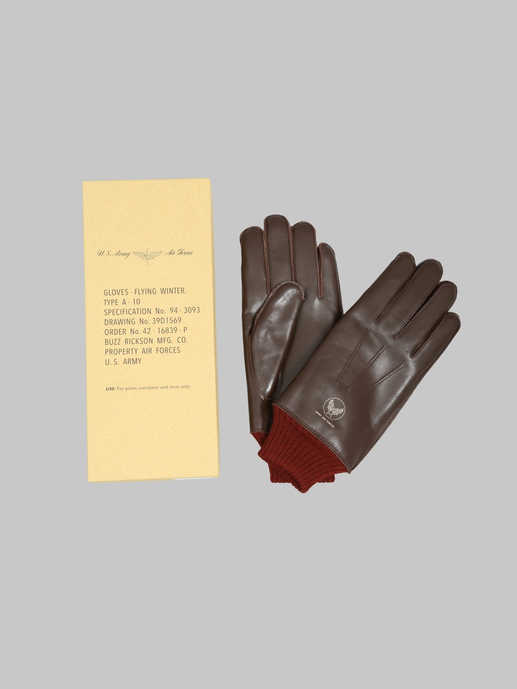 Buzz Rickson's BR02835 Type A-10 "Flying Winter" Brown Leather x Red Rib Gloves - Redcast Heritage Co.