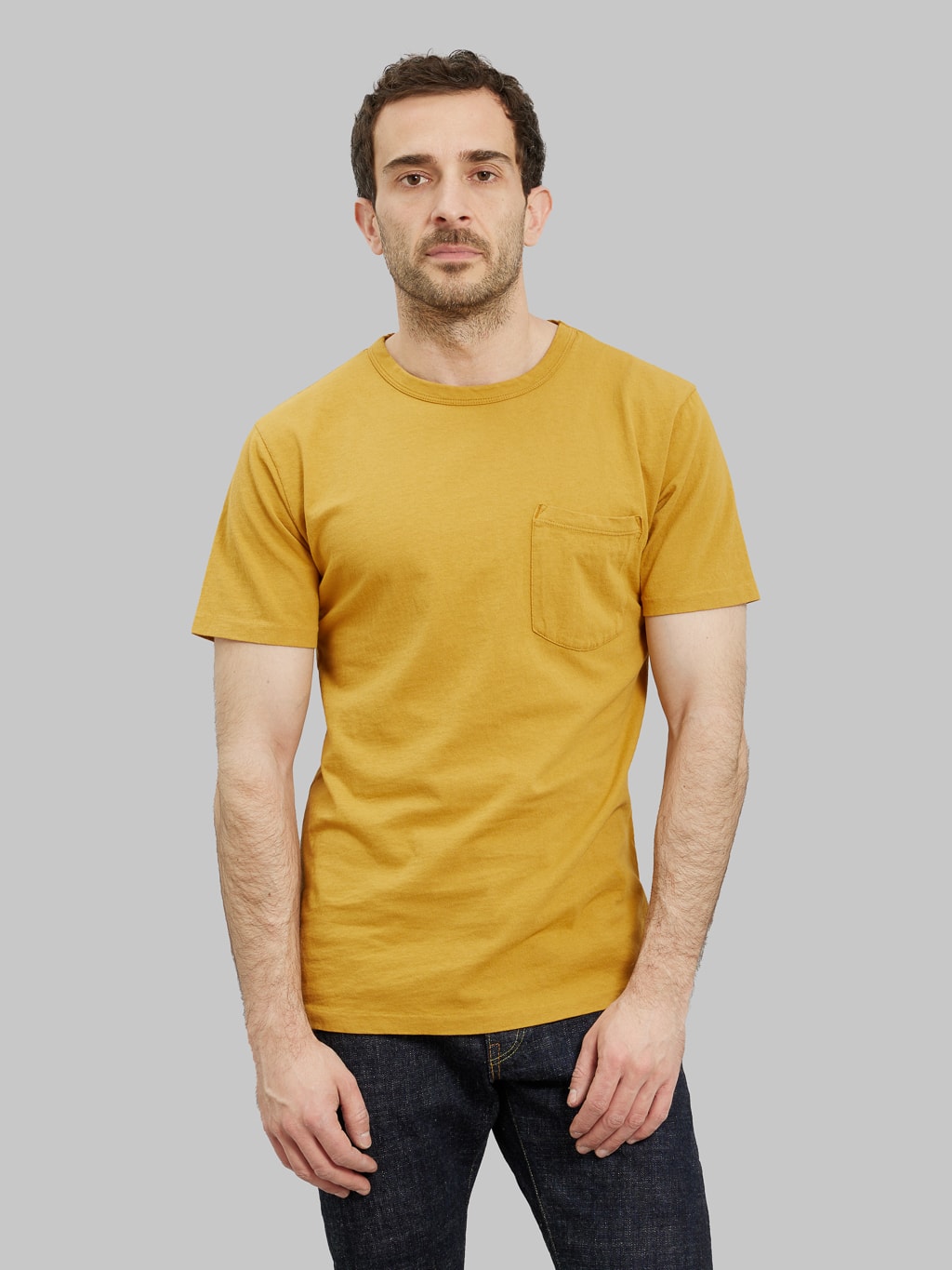 freenote cloth 9 ounce pocket t shirt mustard heavyweight model look