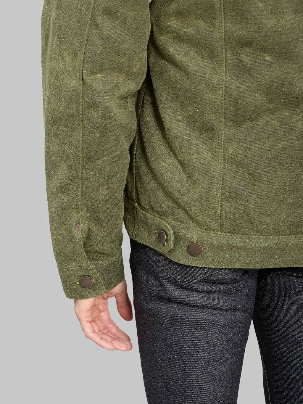 Freenote Cloth RJ2 Waxed Canvas 20oz Shearling Jacket Olive details