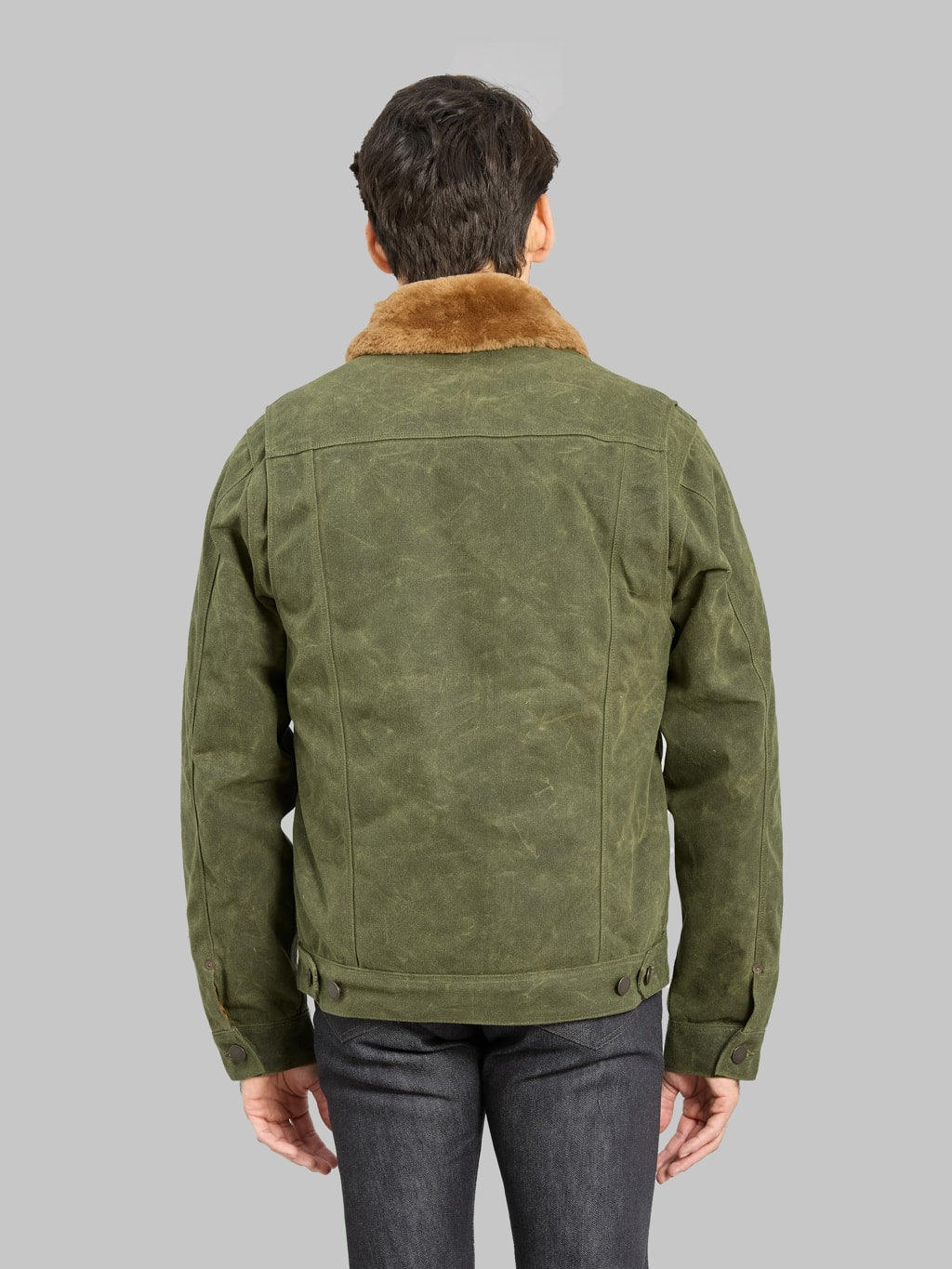 Freenote Cloth RJ2 Waxed Canvas 20oz Shearling Jacket Olive back look