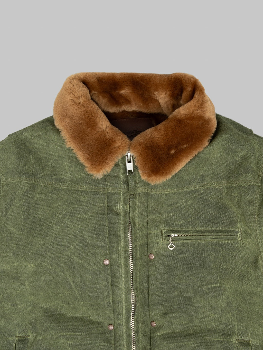 Freenote Cloth RJ2 Waxed Canvas 20oz Shearling Jacket Olive chest
