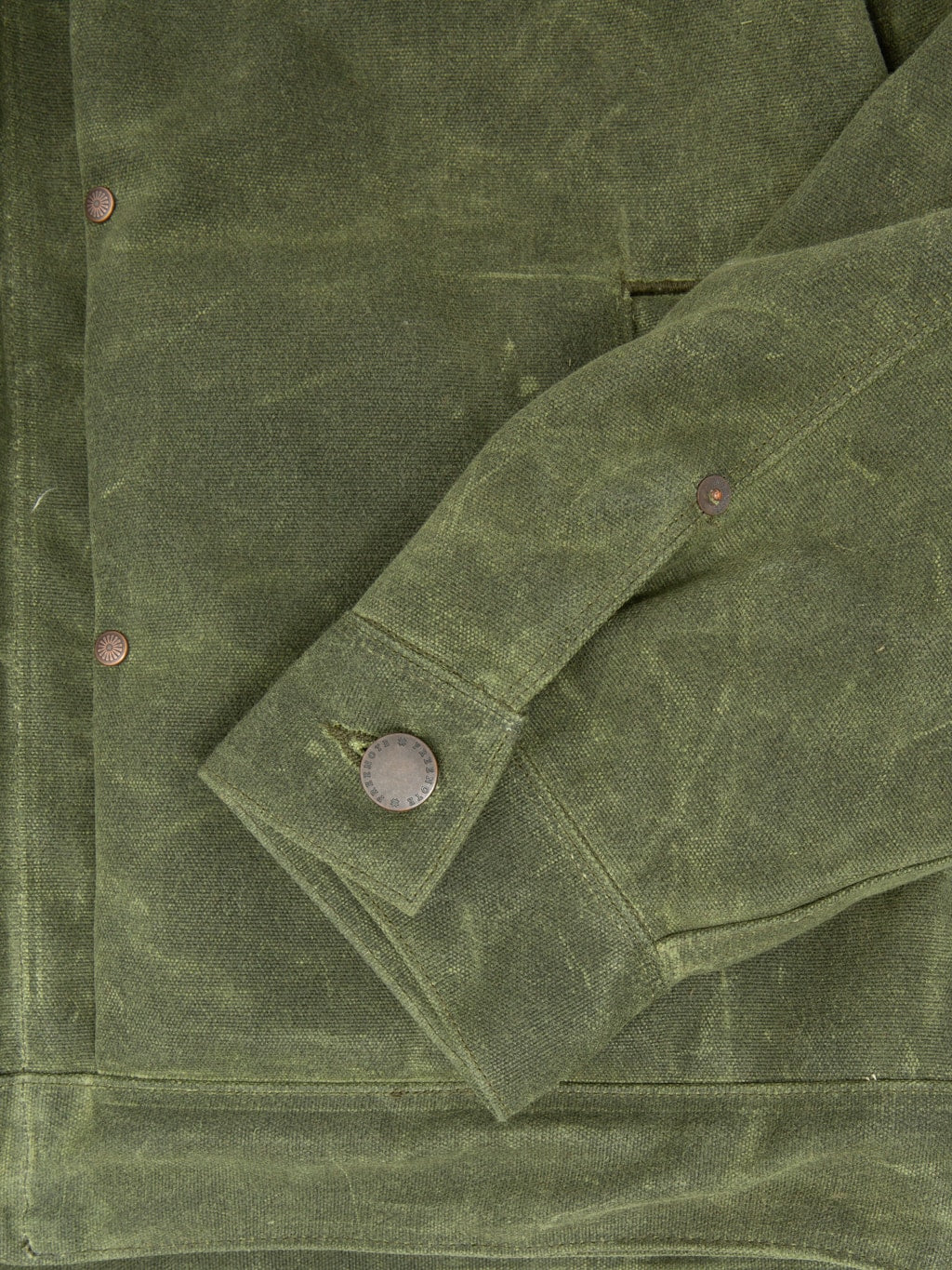 Freenote Cloth RJ2 Waxed Canvas 20oz Shearling Jacket Olive cuff closeup