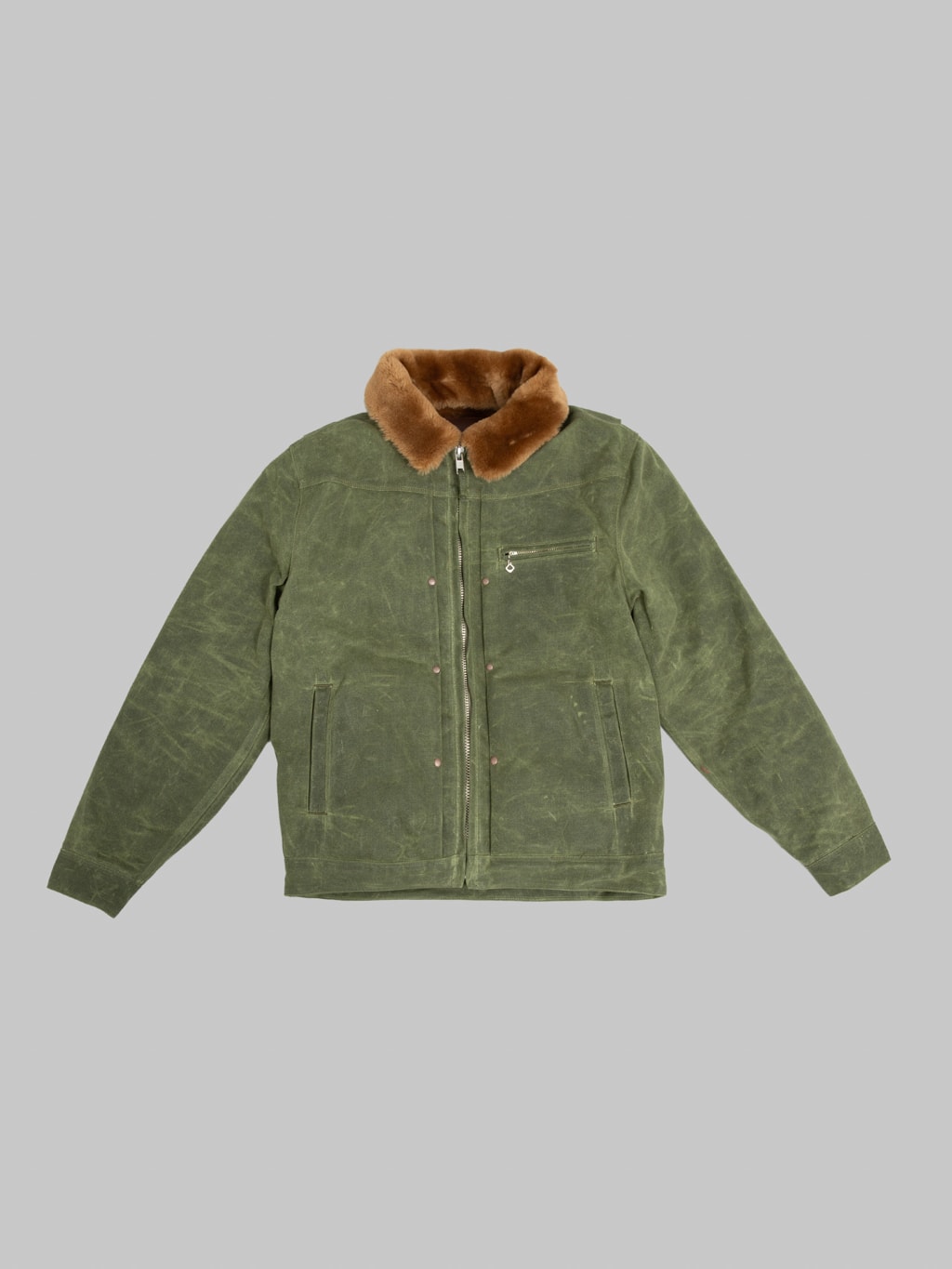 Freenote Cloth RJ2 Waxed Canvas 20oz Shearling Jacket Olive front