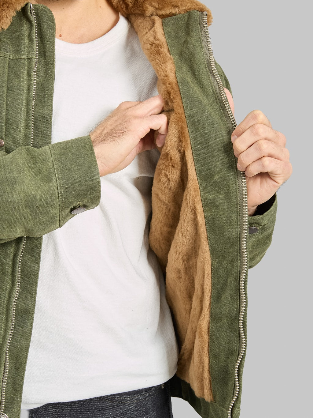 Freenote Cloth RJ2 Waxed Canvas 20oz Shearling Jacket Olive interior pocket