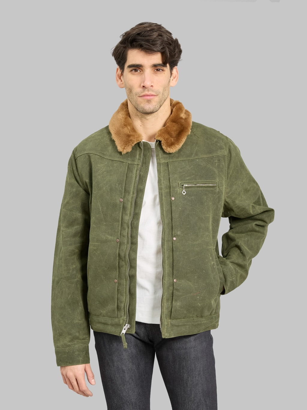 Freenote Cloth RJ2 Waxed Canvas 20oz Shearling Jacket Olive styled