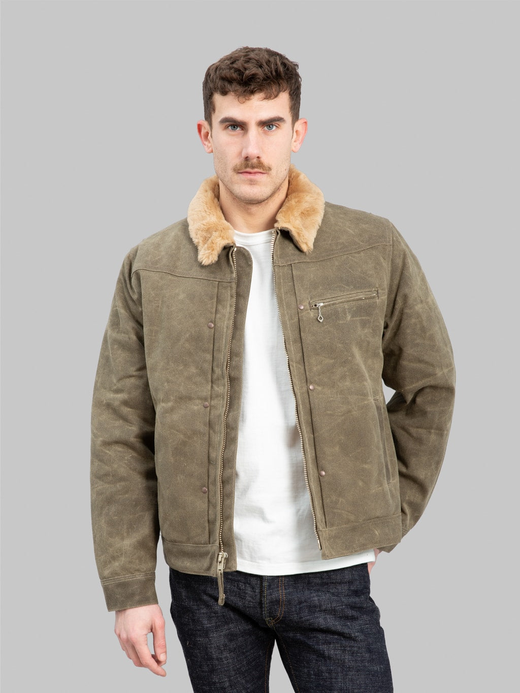 Freenote Cloth RJ-2 Waxed Canvas 20oz Shearling Jacket Tobacco