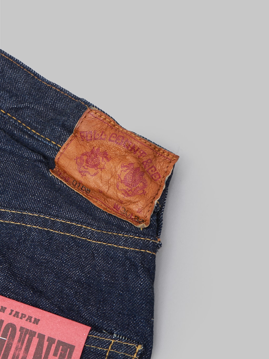 fullcount 0105 wide selvedge denim leather patch