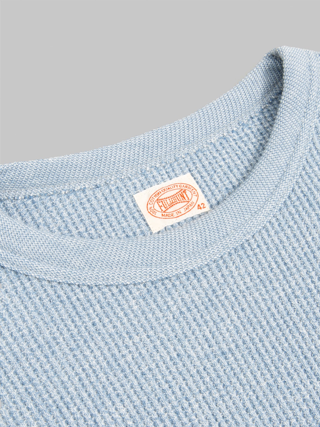 fullcount twisted heather waffle thermal tshirt heather blue collar closeup